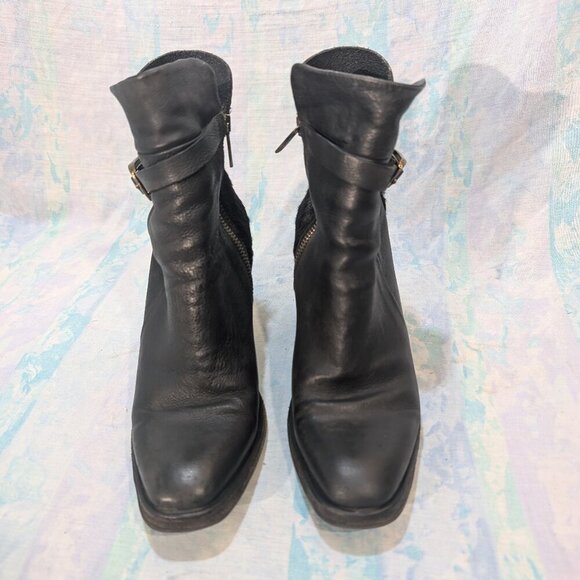 A.S.98 Black Leather & Fur Ankle Boots - Block Heel Buckle Detail - Picture 1 of 10